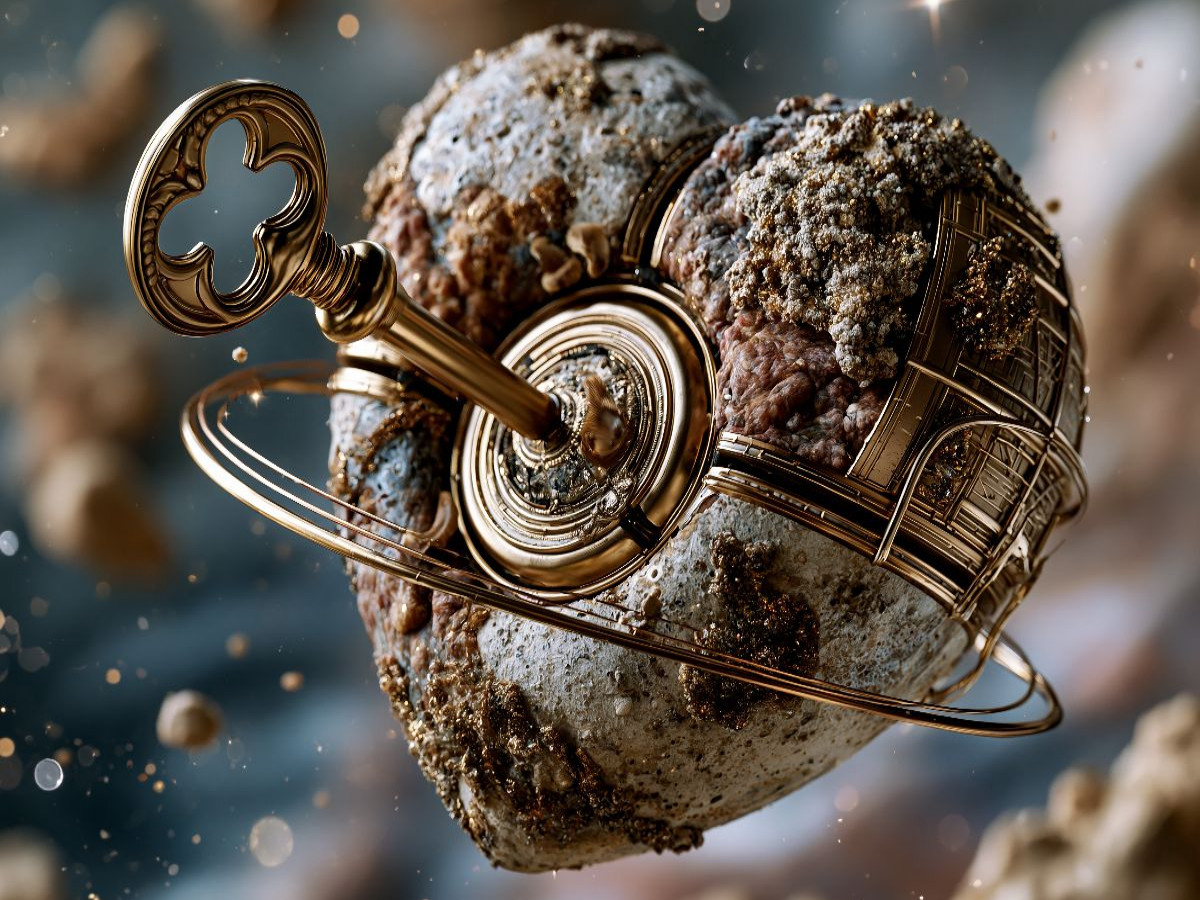 Herzplanet mit schwebendem Goldschlüssel