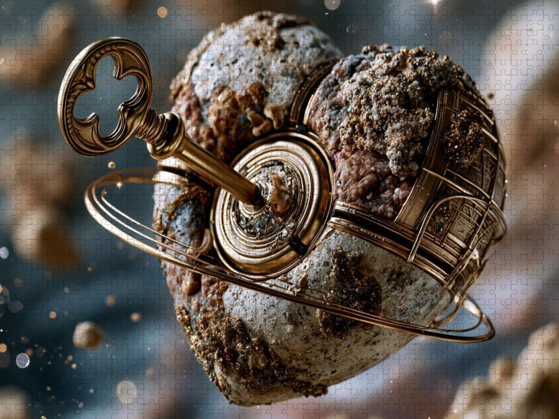 Herzplanet mit schwebendem Goldschlüssel