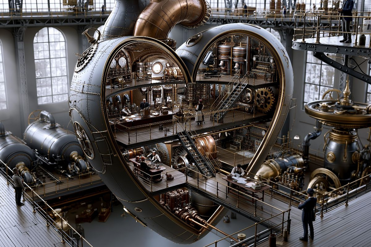 Steampunk-Herz in einer Fabrikhalle