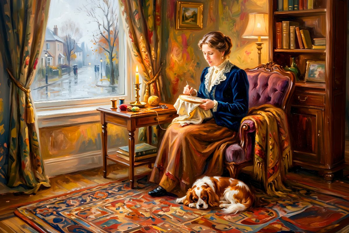 Frau am Fenster mit Spaniel Impressionistisch