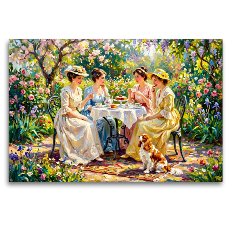 Frühlingsgarten Damenrunde mit Spaniel Impressionistisch