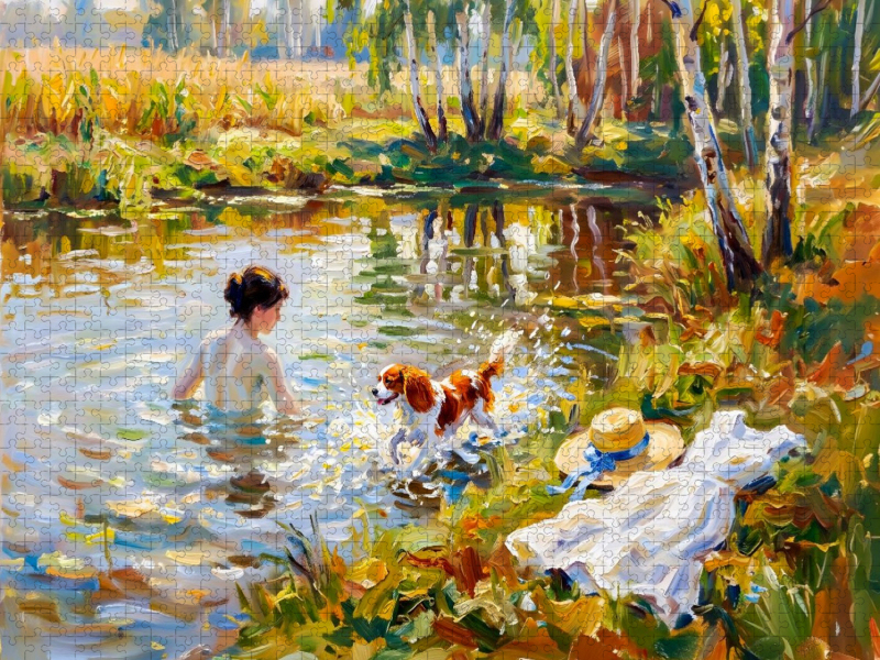 Badende Dame mit King Charles Spaniel