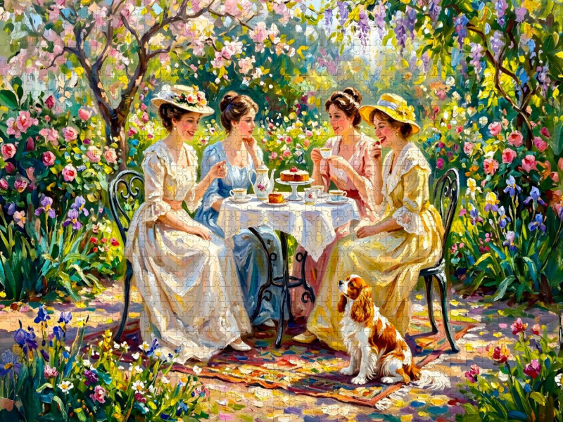 Frühlingsgarten Damenrunde mit Spaniel Impressionistisch
