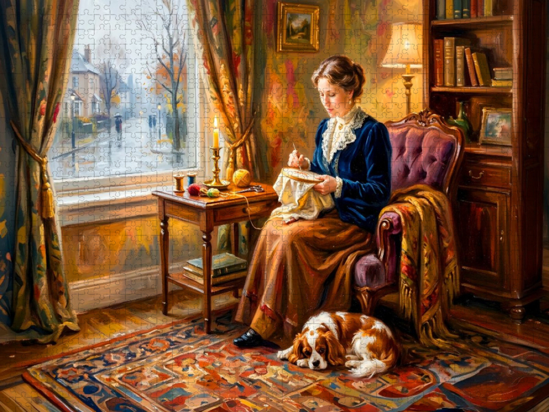 Frau am Fenster mit Spaniel Impressionistisch
