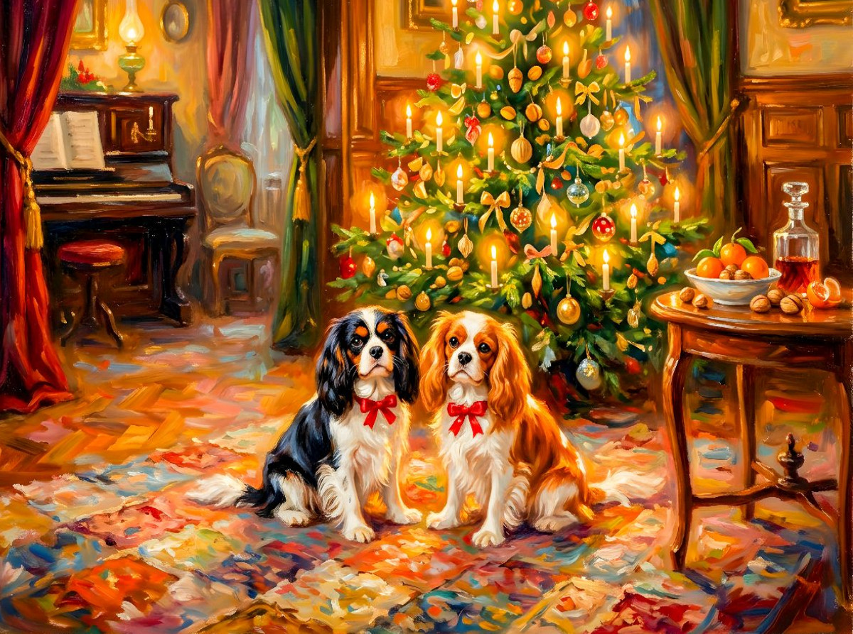 Zwei Spaniel unterm Weihnachtsbaum Impressionistisch