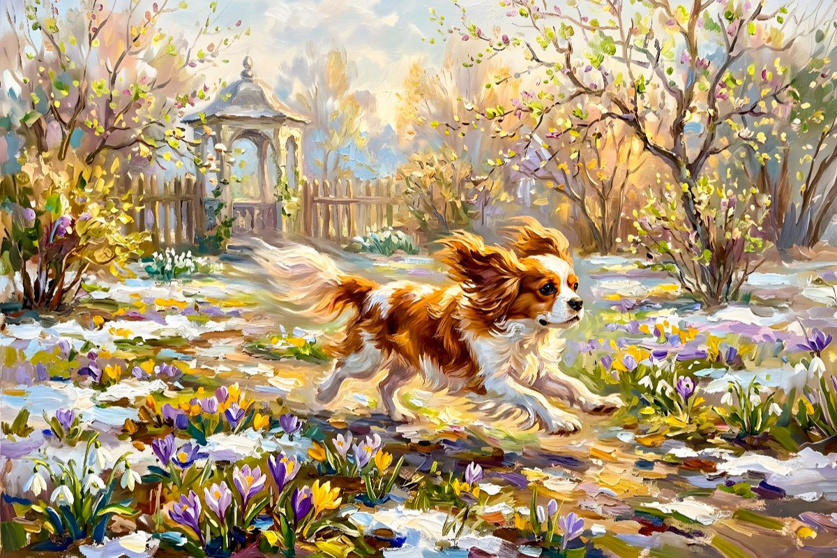 Cavalier Spaniel im Frühlingsgarten unterwegs