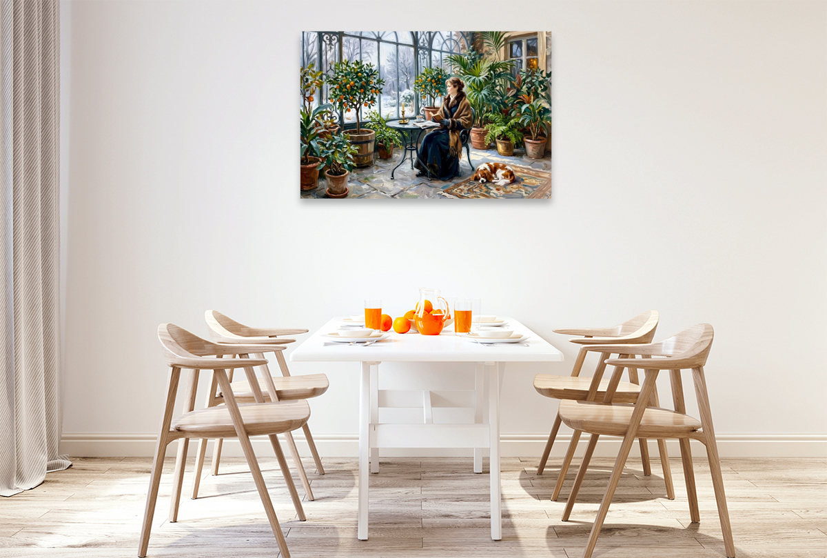 Winterliche Orangerie mit Frau und Spaniel Hund