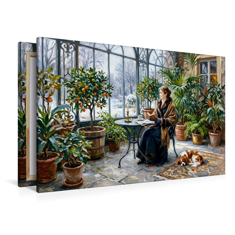 Winterliche Orangerie mit Frau und Spaniel Hund