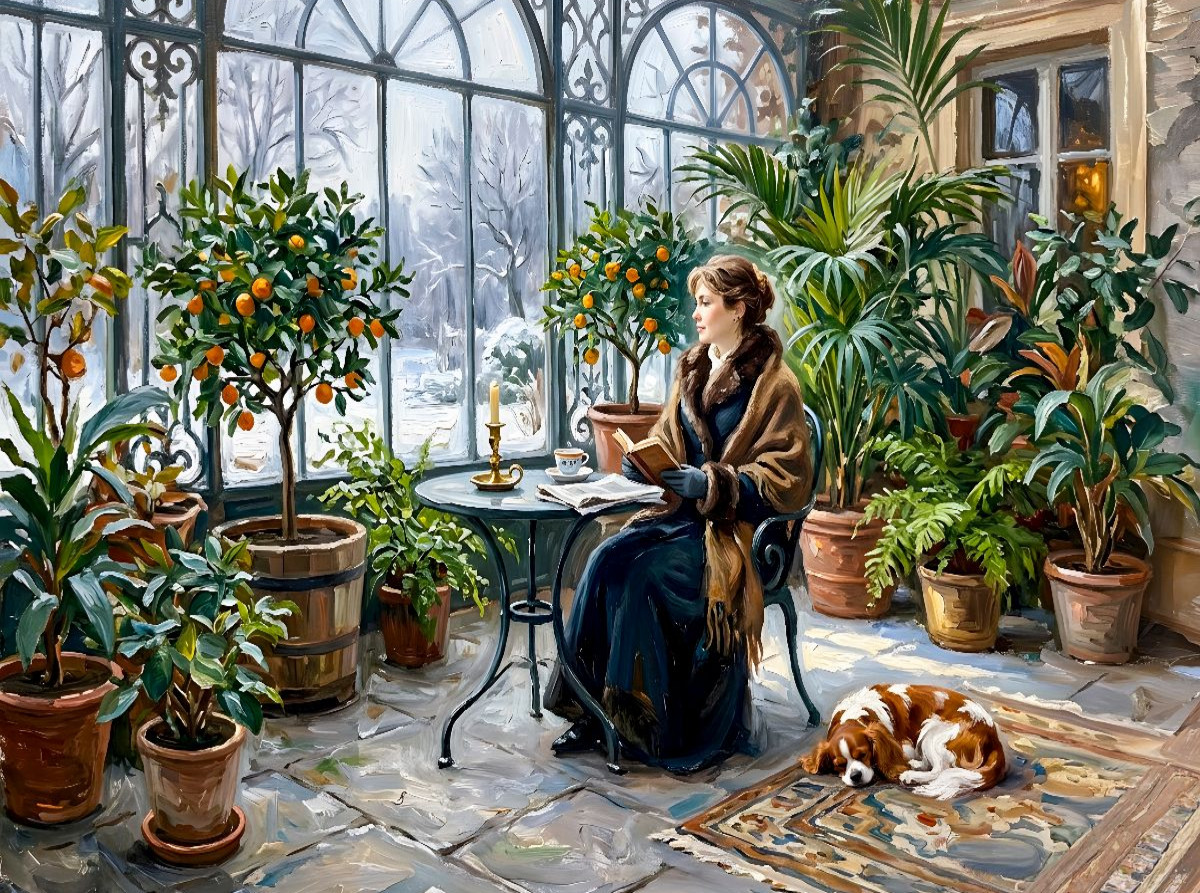 Winterliche Orangerie mit Frau und Spaniel Hund