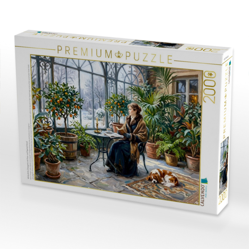Winterliche Orangerie mit Frau und Spaniel Hund