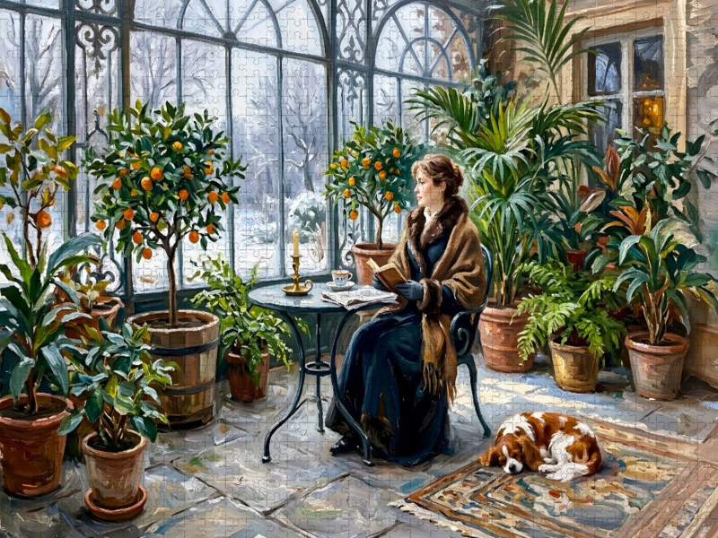 Winterliche Orangerie mit Frau und Spaniel Hund