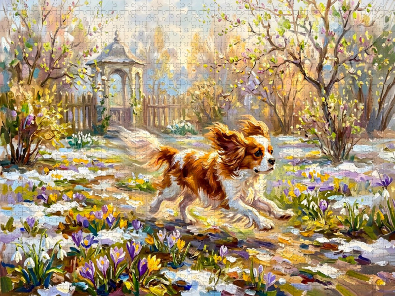 Cavalier Spaniel im Frühlingsgarten unterwegs