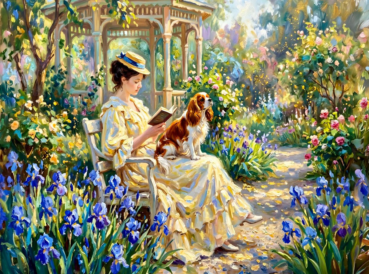 Dame im Bartliliengarten mit Cavalier Spaniel