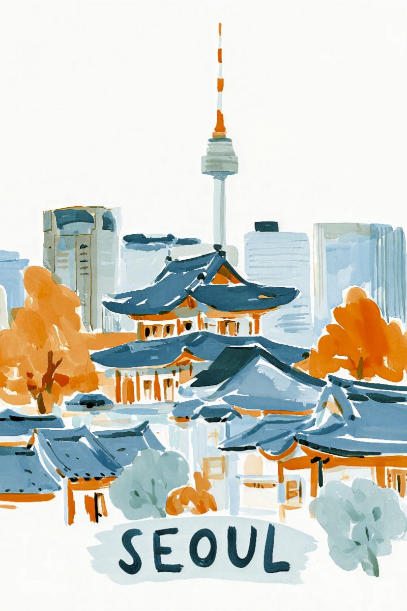 Seoul mit dem N Seoul Tower im Hintergrund und traditionellen Hanok Gebäuden