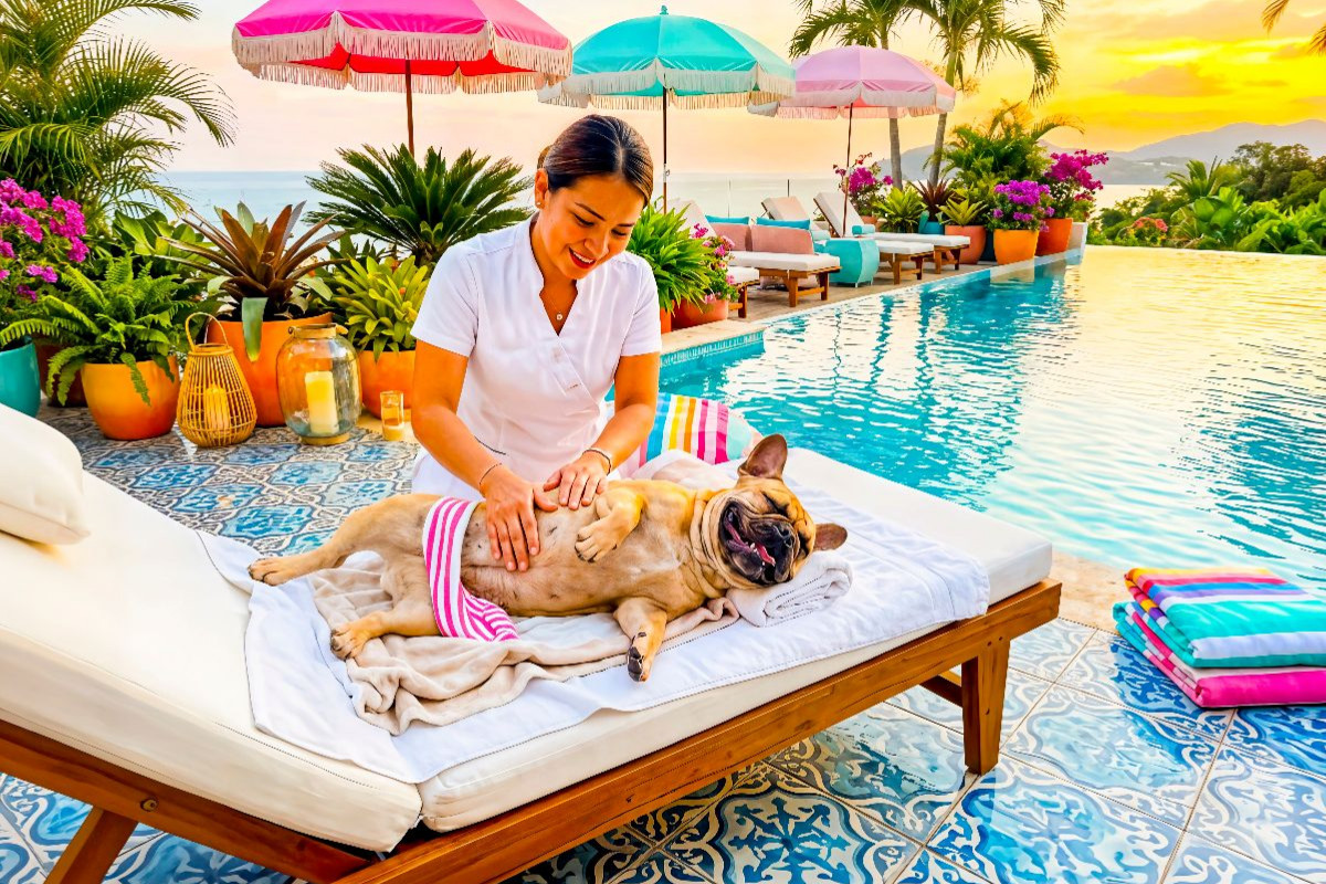 Frenchie Poolmassage – Sommermotiv mit Palmen