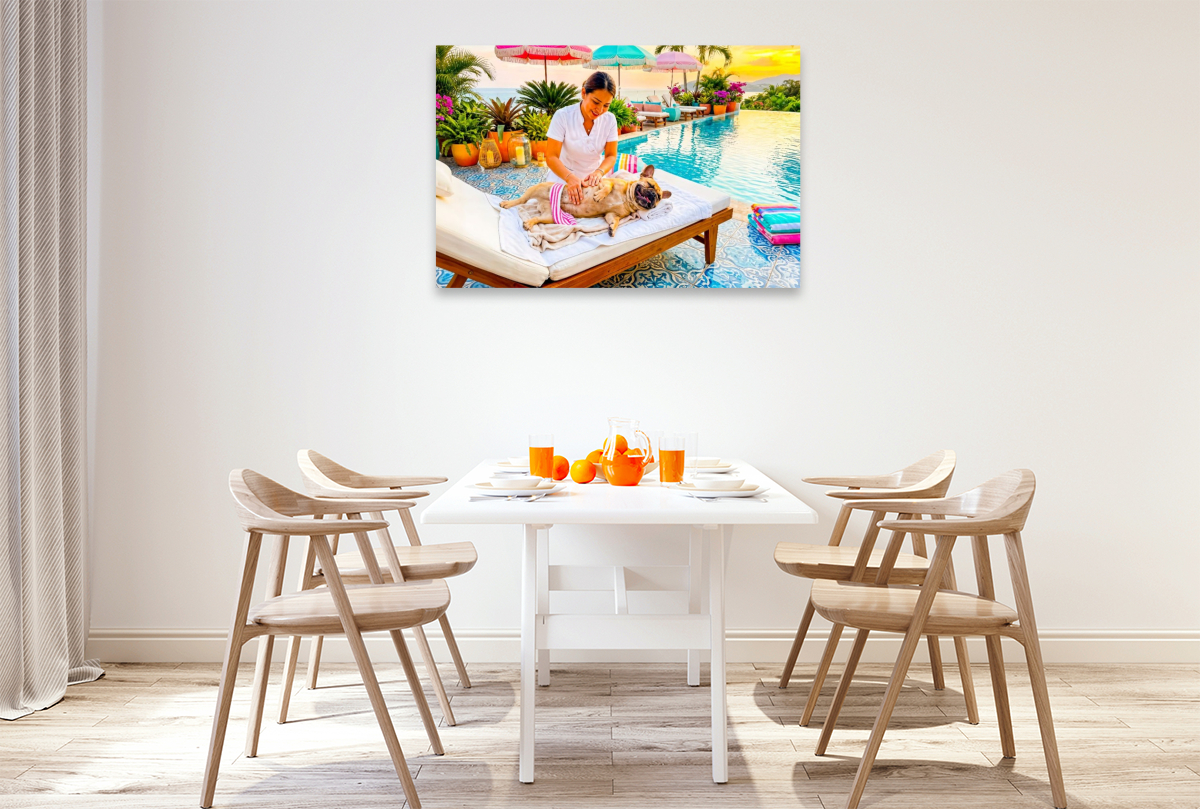 Frenchie Poolmassage – Sommermotiv mit Palmen