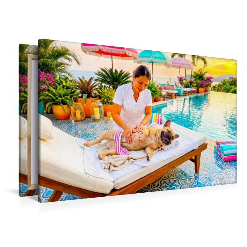 Frenchie Poolmassage – Sommermotiv mit Palmen