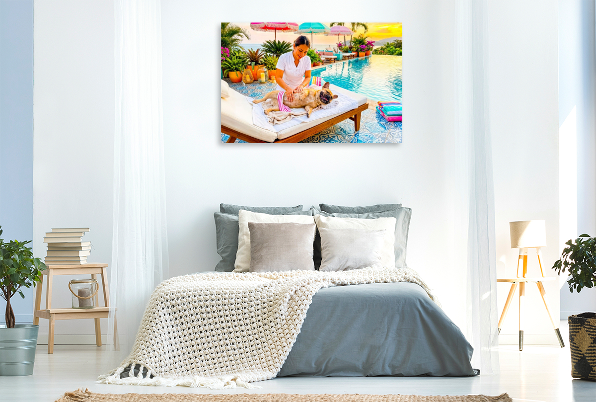 Frenchie Poolmassage – Sommermotiv mit Palmen