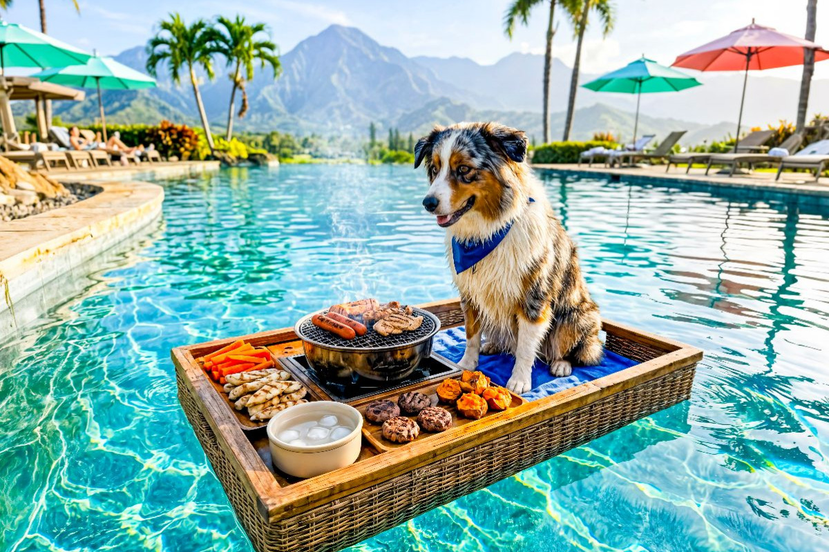 Pool Snacktime – Hund auf Schwimmtablett