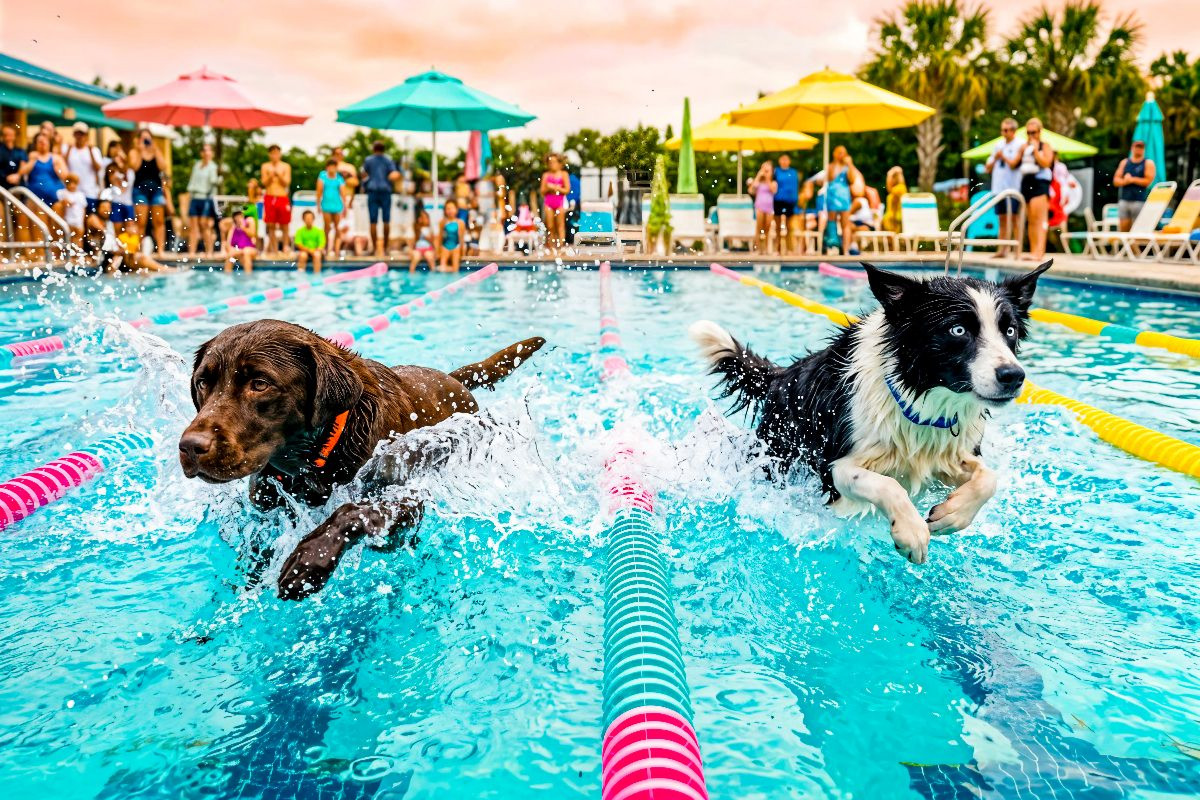 Hundeschwimmrennen - Action auf der Schwimmbahn