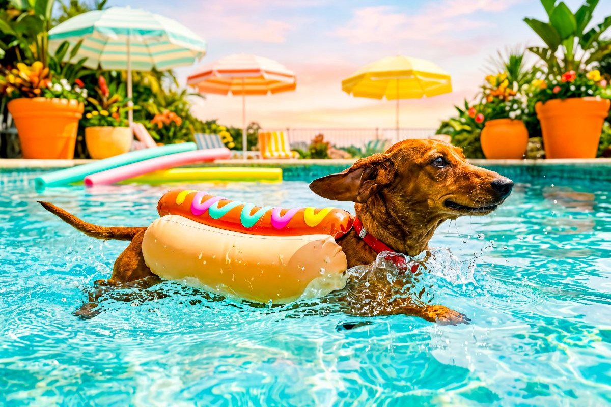 Dackel im Hotdog‑Schwimmanzug im Pool
