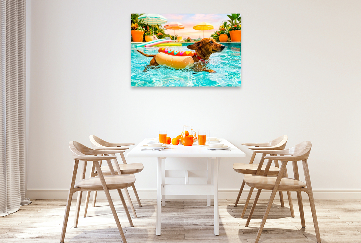 Dackel im Hotdog‑Schwimmanzug im Pool