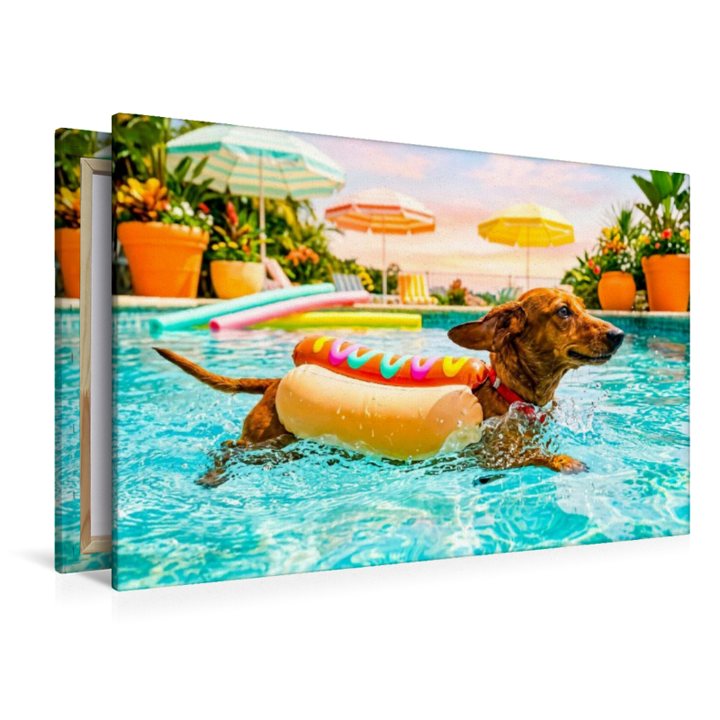 Dackel im Hotdog‑Schwimmanzug im Pool