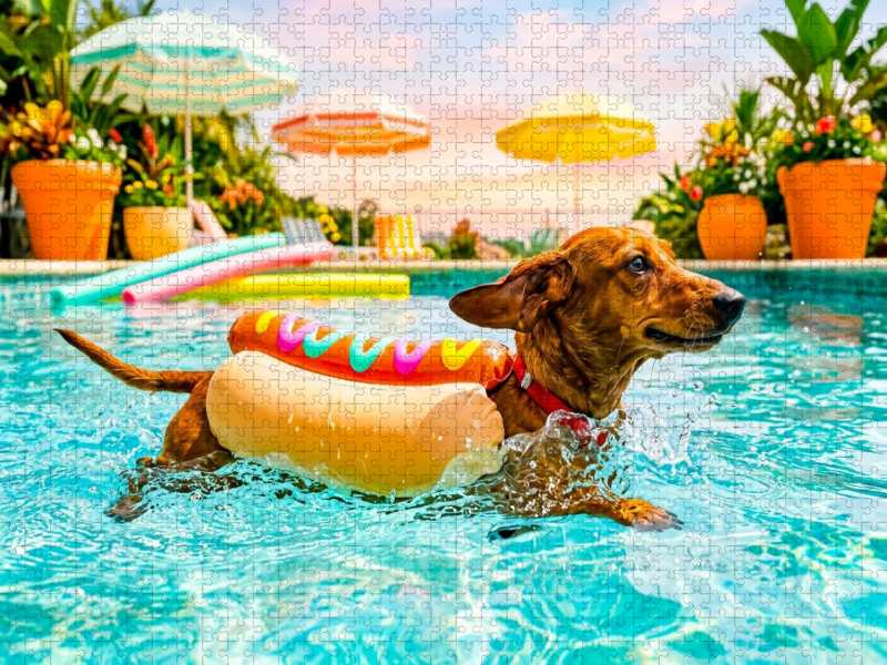 Dackel im Hotdog‑Schwimmanzug im Pool