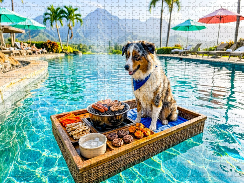 Pool Snacktime – Hund auf Schwimmtablett