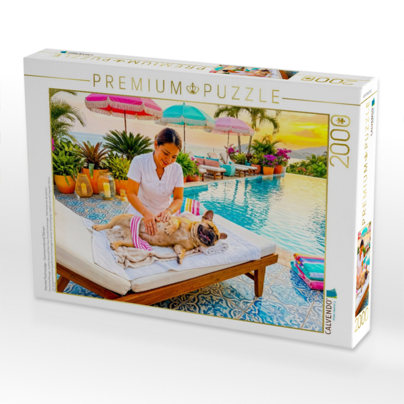 Frenchie Poolmassage – Sommermotiv mit Palmen