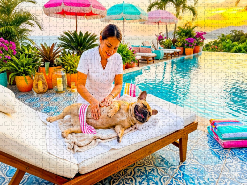 Frenchie Poolmassage – Sommermotiv mit Palmen