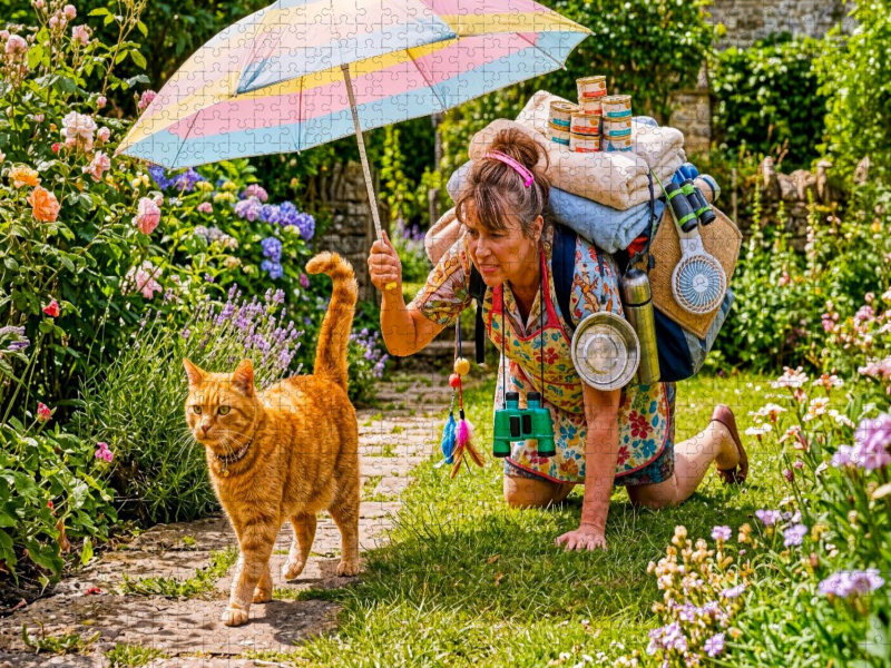 Abenteuerlustige rote Katze im Garten - Humorvolles Puzzle