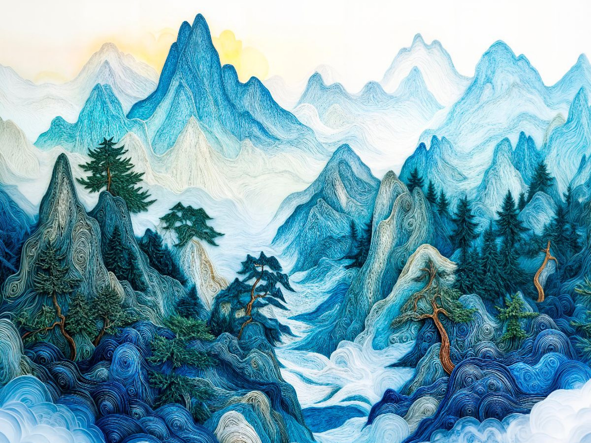 Quilling Papierkunst Huangshan Berglandschaft China Kiefern Silhouetten Nebel Puzzle