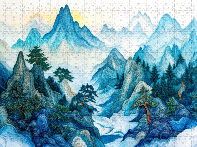Quilling Papierkunst Huangshan Berglandschaft China Kiefern Silhouetten Nebel Puzzle