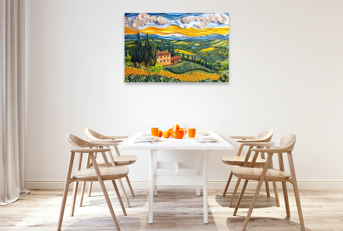 Quilling Papierkunst Toskana Landschaft mit Zypressen Landgut und Sonnenblumenfeld