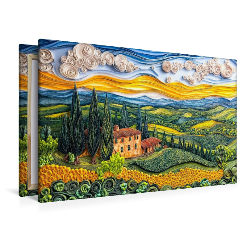 Quilling Papierkunst Toskana Landschaft mit Zypressen Landgut und Sonnenblumenfeld