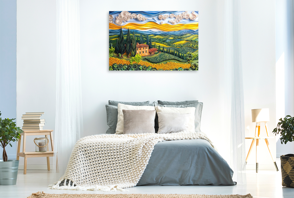 Quilling Papierkunst Toskana Landschaft mit Zypressen Landgut und Sonnenblumenfeld