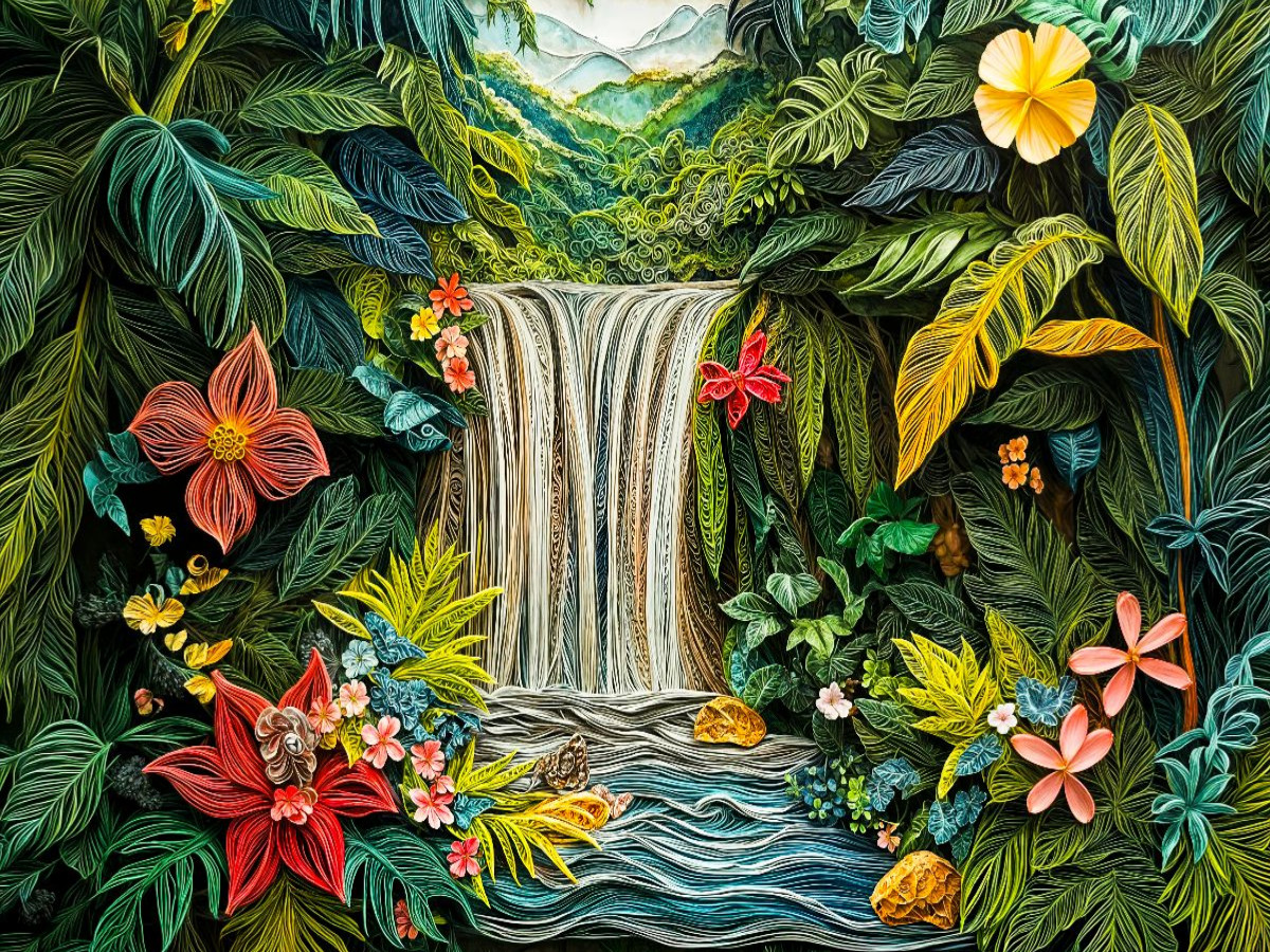Quilling Papierkunst Djungellandschaft mit tropischem Wasserfall und üppiger Vegetation
