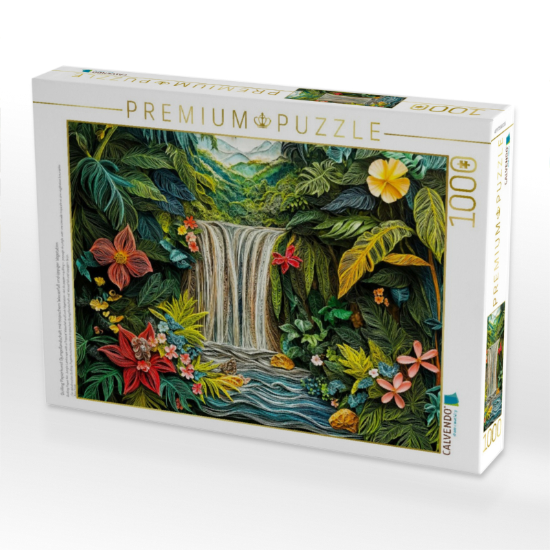 Quilling Papierkunst Djungellandschaft mit tropischem Wasserfall und üppiger Vegetation