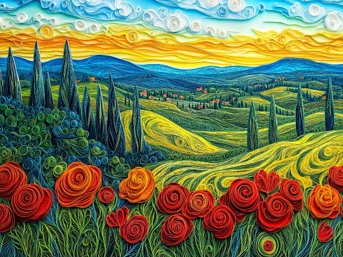 Quilling Papierkunst Toskana Landschaft mit Zypressen Getreidefeldern und Mohnblumen