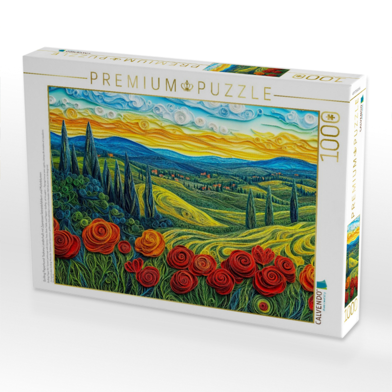 Quilling Papierkunst Toskana Landschaft mit Zypressen Getreidefeldern und Mohnblumen