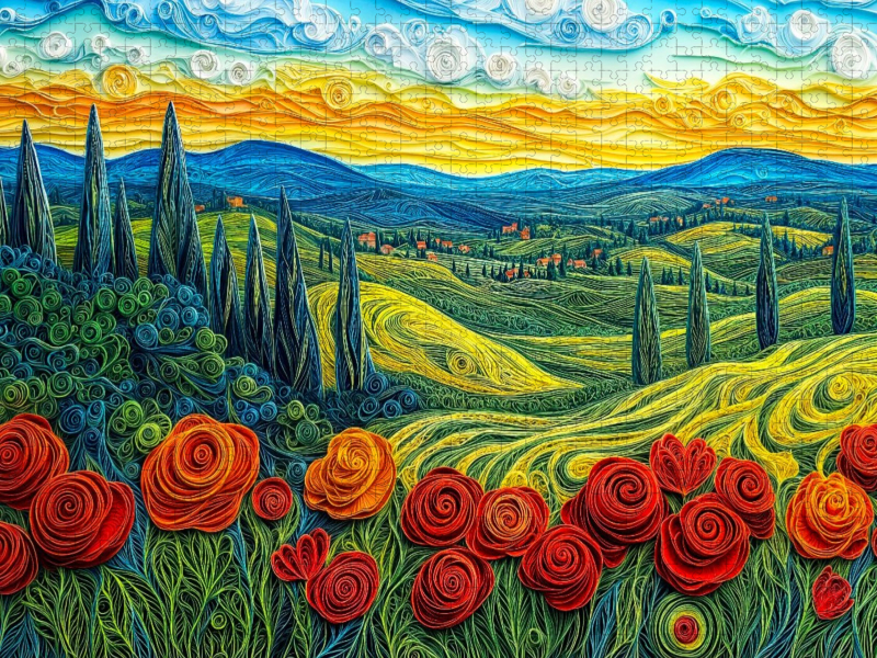 Quilling Papierkunst Toskana Landschaft mit Zypressen Getreidefeldern und Mohnblumen