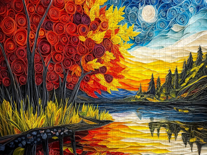 Quilling Papierkunst Indian Summer Landschaft mit Laubbäumen Spiegelung im See