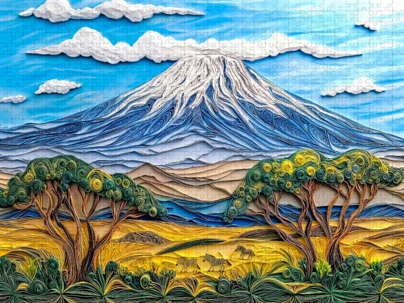 Quilling Papierkunst Savanne mit Zebra vor schneebedecktem Kilimandscharo Panorama