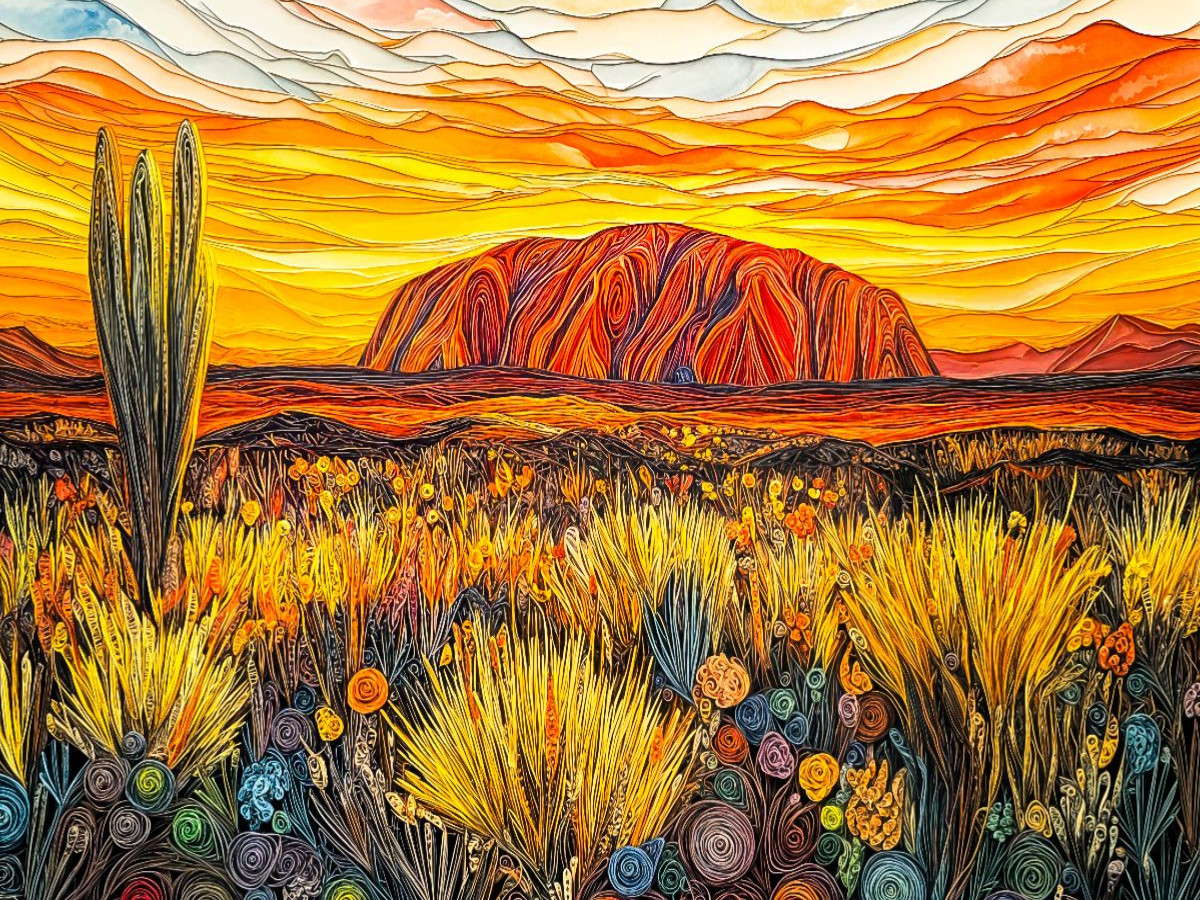 Quilling Papierkunst Uluru Outback Landschaft mit Felsen Silhouetten und Himmel