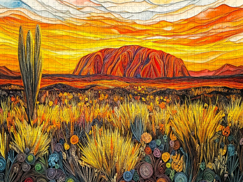 Quilling Papierkunst Uluru Outback Landschaft mit Felsen Silhouetten und Himmel