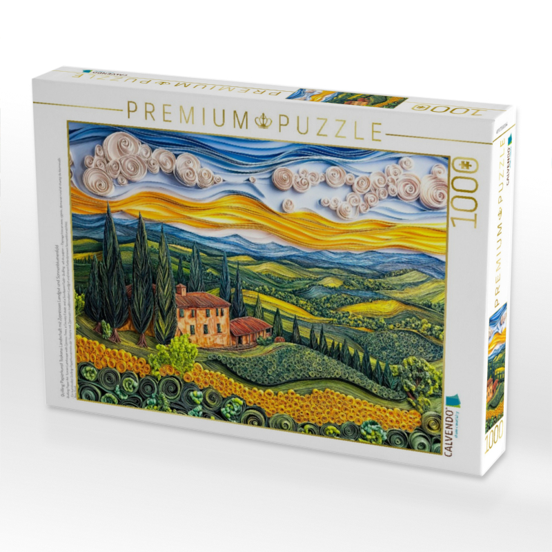 Quilling Papierkunst Toskana Landschaft mit Zypressen Landgut und Sonnenblumenfeld