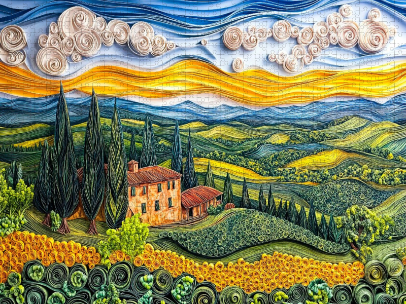 Quilling Papierkunst Toskana Landschaft mit Zypressen Landgut und Sonnenblumenfeld