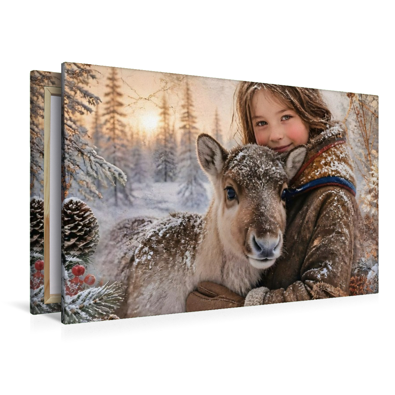 Sámi-Mädchen & Rentierkalb. Freundschaft im Winterwald