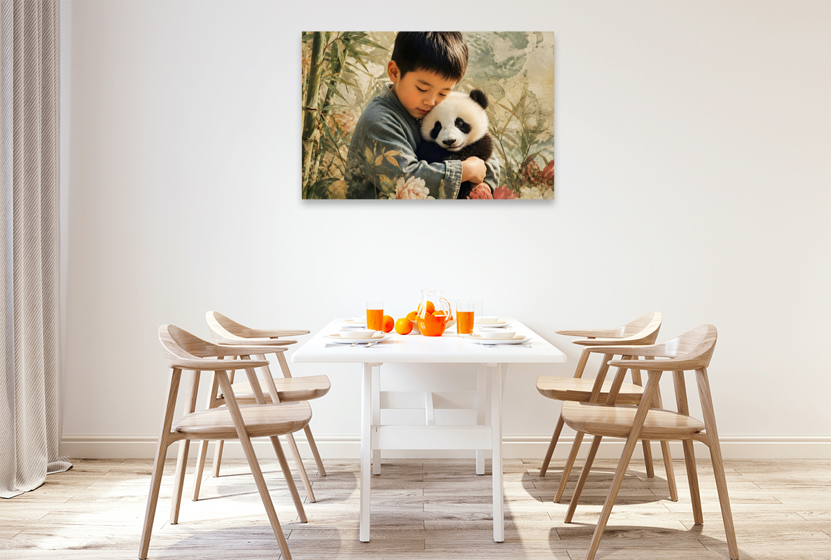 Sanfte Begegnung im Bambuswald. Chinesischer Junge & Pandababy